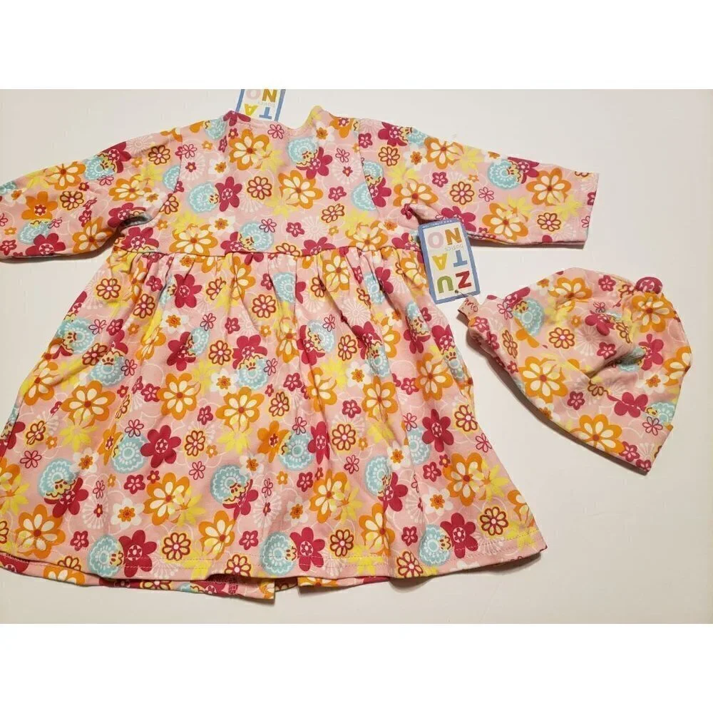 Zutano baby girl 0-6 months long sleeve floral dress and hat